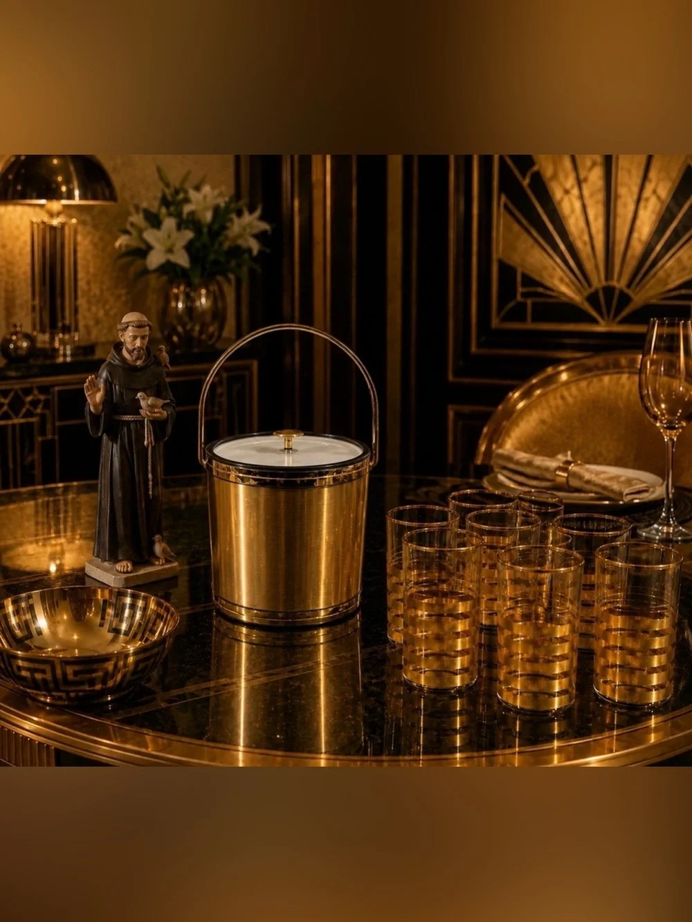 Mid-Century Modern Vintage Gold Ice Bucket Elegance Kraftware NJ Fine Art Deco